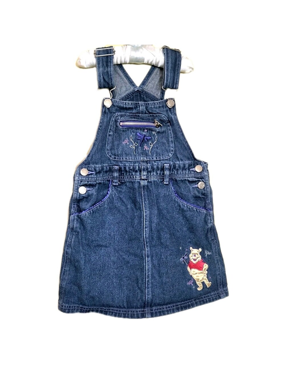 Vtg Winnie The Pooh Overalls Dress 90s Y2k Jean Denim Disney Girls 6 Jumper EUC